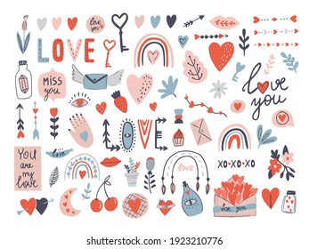 Valentines day love quotes and graphic large set with mobile phone, letters with envelope, heart with arrow vector clipart.