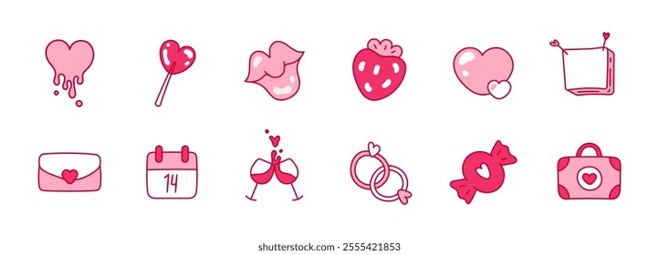 Valentine's Day. Love, romance. Cute Heart Icons. Valentine's Day Design Elements. Heart-shaped lollipop, strawberry, kiss, envelope with heart, candy, wedding rings, calendar. Vector illustration