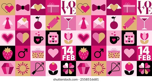 Valentine's day love seamless pattern with hearts and minimalist geometric elements. Modern trendy background in flat style. Vector illustration.
