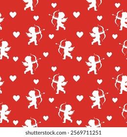 Valentine's Day love seamless pattern red with white cupids with a bow and arrow and hearts. Background vector