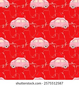 Valentine's day love seamless pattern with cars and hearts. Cute vector illusration. Ready design for greeting cards, wallpaper, paper backgrounds,etc.