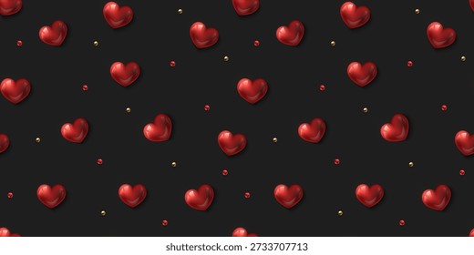 Valentines Day love seamless pattern on black background. Glossy red 3d heart with golden beads decoration. Romantic vector wrapping paper texture