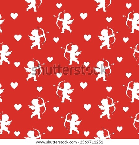 Valentine's Day love seamless pattern red with white cupids with a bow and arrow and hearts. Background vector