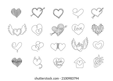 Valentines day. Love set. Heart continuous line drawing, small tattoo, print for clothes and logo design, one single line on a white background, isolated vector illustration.