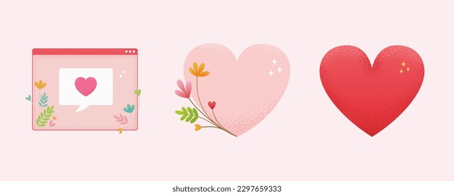 Valentines day love shape and window interface elements set icons isolated on light pink background. Including cute love message from window interface and love shapes