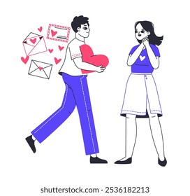 Día de San Valentín compartir el amor. Gente alegre compartiendo corazones, personajes románticos enamorados dándose corazones unos a otros Ilustración vectorial plana. Pareja intercambiando corazones