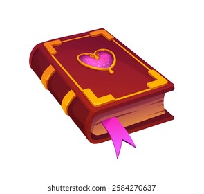 Valentines day love spell book, magical fantasy and fairytale grimoire or diary with leather cover, golden embellishments, glowing pink heart shaped gem at the center and pink ribbon bookmark peek out