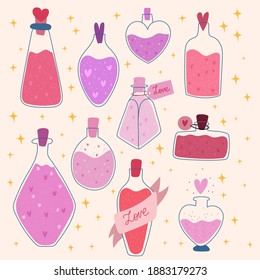 Valentine's Day Love Spell. Romatic Potion Jar. Vector Hand Drawn Illustration.