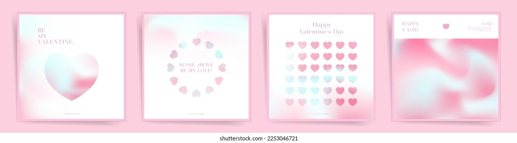 Valentine's day love square posts template set. Romantic cute pink event square card for banners or mobile social posts. Holographic design, mesh duotone gradient colors.