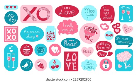 Juego de stickers de amor para el día de San Valentín. Impresión romántica, colección de recortes de arte vintage. Diseño de doodle de San Valentín elementos de moda para postales de invitación, plantilla de saludo de celebración, planificador