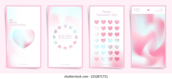 Conjunto de plantillas de diseño de historias de amor de San Valentín. Románticos panfletos de eventos de color rosa lindo para pancartas o posts sociales móviles. para el diseño holográfico, malla colores gradientes de duotono.