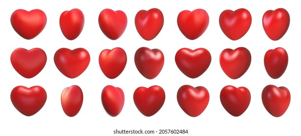 Valentines day love symbol  3d hearts rotation  Realistic romantic emoji  red heart icon front   spin angle view  Wedding decor vector set  Object spin animation for gaming isolated white