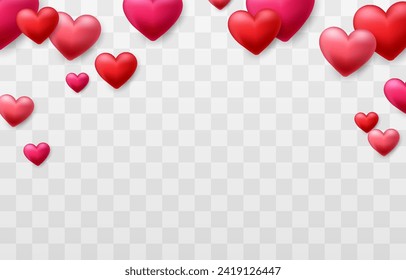 Valentines day love symbol, 3d vector hearts. Flying cute love hearts isolated on png. Realistic romantic emoji. Valentines day background. Wedding decor vector set