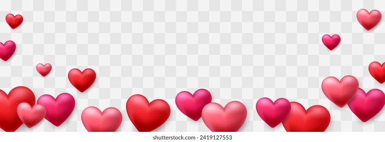 Valentines day love symbol, 3d vector hearts. Flying cute love hearts isolated on png. Realistic romantic emoji. Valentines day background. Wedding decor vector set
