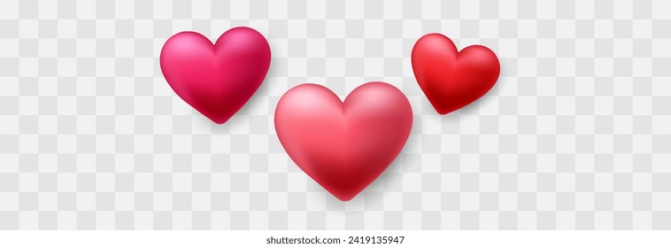 Valentines day love symbol, 3d vector hearts. Flying cute love hearts isolated on png. Realistic romantic emoji. Valentines day background. Wedding decor vector set