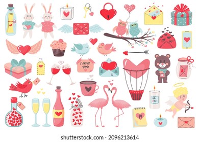 Valentine's Day love symbols big set. Kit of love icons such as envelops, cupid, gifts, bunnies, bear, birds, flamingo, bottles with heart and other.