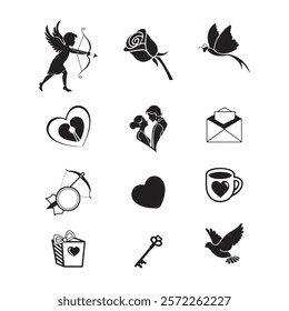 Valentine's Day love symbols, black and white sketch, romantic icons, hearts, flowers, cupid, rings, wine glasses, gift box.