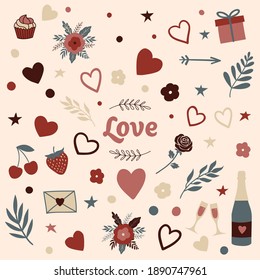 Valentine's Day Love symbols hand-drawn illustrations.	