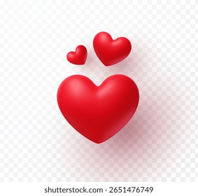 Valentines day love symbols isolated on transparent background. Vector 3d heart balloons. Red romantic sign. Wedding decoration elements with shadow