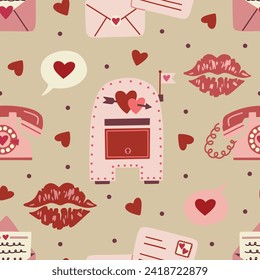 Valentine's Day Love Talk Icons on Ecru Beige Seamless Pattern Design