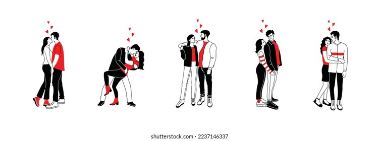 Valentine's day, love tenderness and romantic feelings concept. Young loving smiling couple boy and girl standing hugging each other feeling in love illustration