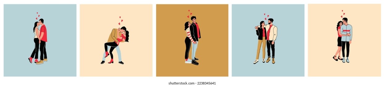 Valentine's day, love tenderness and romantic feelings concept. Young loving smiling couple boy and girl standing hugging each other feeling in love illustration