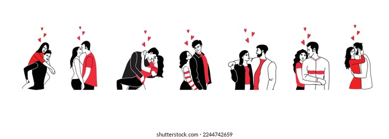 Valentine's day, love tenderness and romantic feelings concept. Young loving smiling couple boy and girl standing hugging each other feeling in love illustration