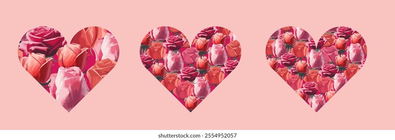 Valentine's Day love theme, vector composition in the shape of a heart with roses