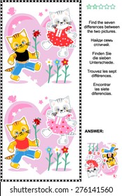 Valentine's Day or love themed visual puzzle: Find the seven differences between the two pictures of the two adorable valentine kittens. Answer included.
