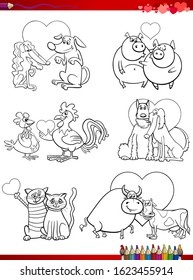Valentines Day and Love Themes Collection Set of Black and White Cartoon Illustrations with Animal Couples Romancing Coloring Book Page