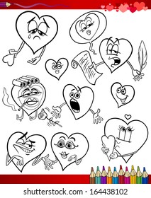 Valentines Day and Love Themes Collection Set of Black and White Vector Cartoon Illustrations with Hearts for Coloring Book