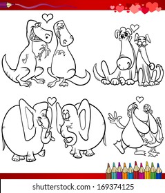 Valentines Day and Love Themes Collection Set of Black and White Cartoon Vector Illustrations with Animals Couples for Coloring Book