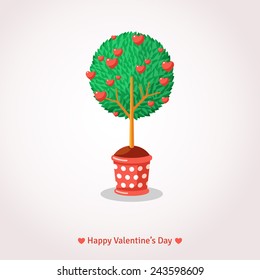 Valentine's Day Love Tree with Red Hearts. Vector illustration. 