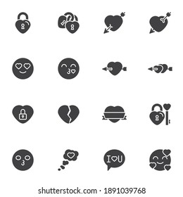 Valentines day and love vector icons set, modern solid symbol collection, filled style pictogram pack. Signs, logo illustration. Set includes icons as heart with arrow, heart shaped lock, kiss emoji 