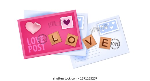 Valentines Day love vector letters illustration with closed envelopes, stamps, wooden letters isolated on white. Paper romantic holiday pink top view messages, mails. Valentines Day envelopes design