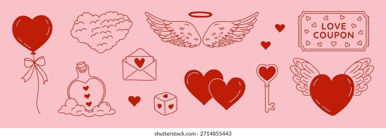 Día de San Valentín Vector de amor conjunto de Elementos románticos dibujados a mano doodle, corazones, carta de amor, globo en forma de corazón, arco, Cupón de amor, alas, corazón alado, poción. Diseño de concepto creativo en rojo para Web gráfico o digital, Anuncio, card.Symbols de San Valentín y amor.  