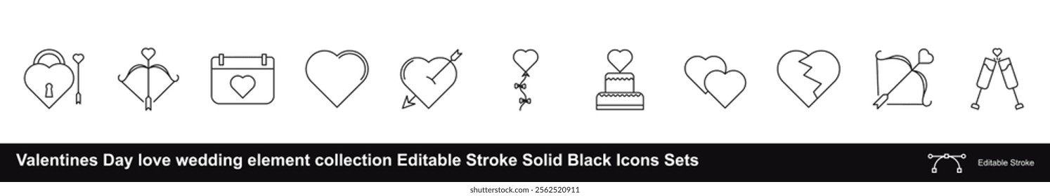 Valentines Day love wedding element collection Editable Stroke Solid Black Icons Sets