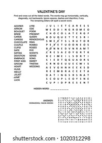 Valentine's Day, love, wedding, romantic, etc., themed word search puzzle (English language). Black and white. Answer included.