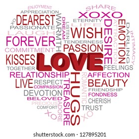 Valentines Day Love Word Cloud in Heart Shape Outline Isolated on White Background Illustration Vector