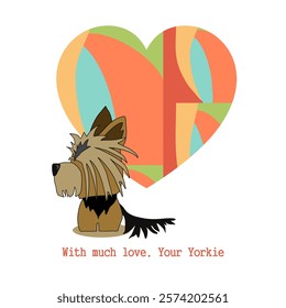 Valentine's Day. With love from Yorkie. Cheerful cartoon image of a small dog of the Yorkshire Terrier breed. Stylized puppy logo. Cute animal emotions.