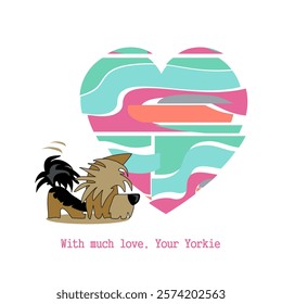 Valentine's Day. With love from Yorkie. Cheerful cartoon image of a small dog of the Yorkshire Terrier breed. Stylized puppy logo. Cute animal emotions.