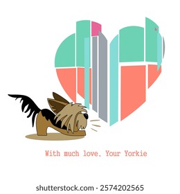 Valentine's Day. With love from Yorkie. Cheerful cartoon image of a small dog of the Yorkshire Terrier breed. Stylized puppy logo. Cute animal emotions.