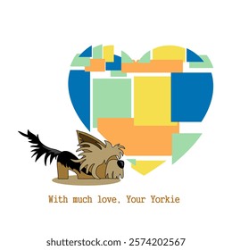 Valentine's Day. With love from Yorkie. Cheerful cartoon image of a small dog of the Yorkshire Terrier breed. Stylized puppy logo. Cute animal emotions.