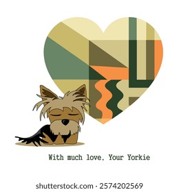 Valentine's Day. With love from Yorkie. Cheerful cartoon image of a small dog of the Yorkshire Terrier breed. Stylized puppy logo. Cute animal emotions.