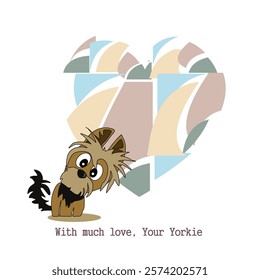 Valentine's Day. With love from Yorkie. Cheerful cartoon image of a small dog of the Yorkshire Terrier breed. Stylized puppy logo. Cute animal emotions.