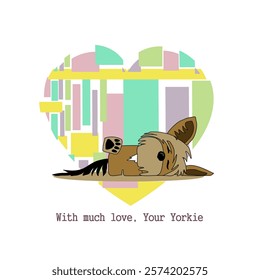 Valentine's Day. With love from Yorkie. Cheerful cartoon image of a small dog of the Yorkshire Terrier breed. Stylized puppy logo. Cute animal emotions.