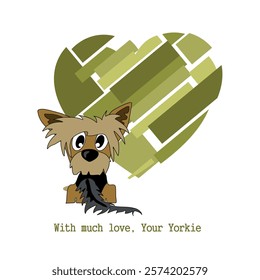 Valentine's Day. With love from Yorkie. Cheerful cartoon image of a small dog of the Yorkshire Terrier breed. Stylized puppy logo. Cute animal emotions.