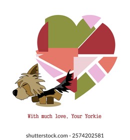 Valentine's Day. With love from Yorkie. Cheerful cartoon image of a small dog of the Yorkshire Terrier breed. Stylized puppy logo. Cute animal emotions.