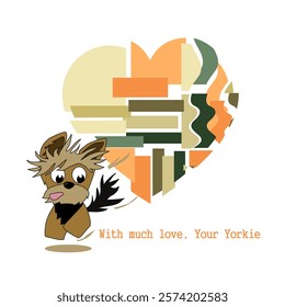 Valentine's Day. With love from Yorkie. Cheerful cartoon image of a small dog of the Yorkshire Terrier breed. Stylized puppy logo. Cute animal emotions.