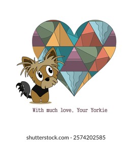 Valentine's Day. With love from Yorkie. Cheerful cartoon image of a small dog of the Yorkshire Terrier breed. Stylized puppy logo. Cute animal emotions.